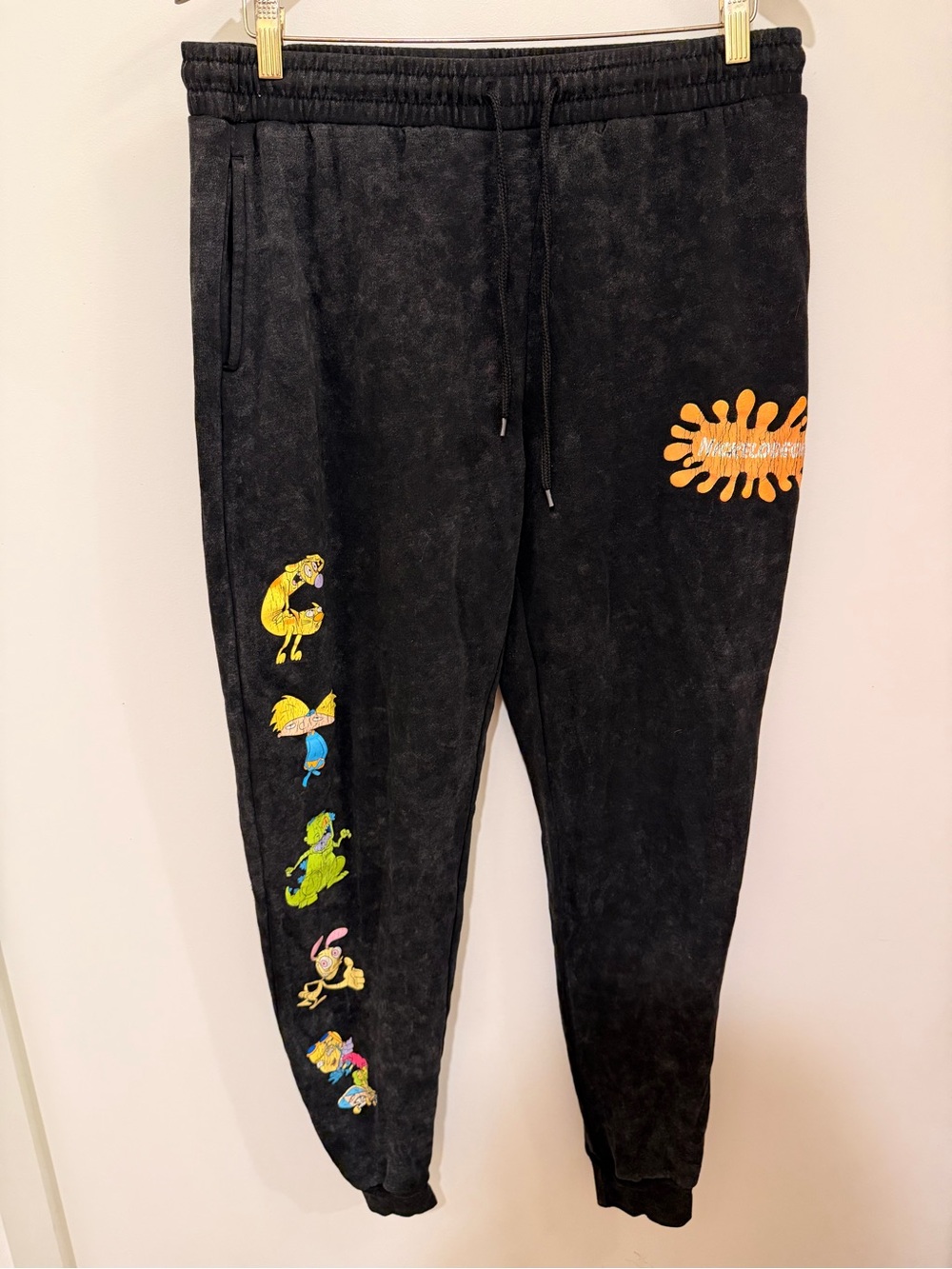 Vintage Nickelodeon Black Jogger Pants with Orange Splat & Multicolor Characters
